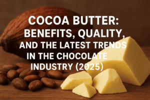 Chunks of cocoa butter with cocoa beans and a cocoa pod in the background, used as the featured image for an article about cocoa butter benefits, quality, and 2025 industry trends.